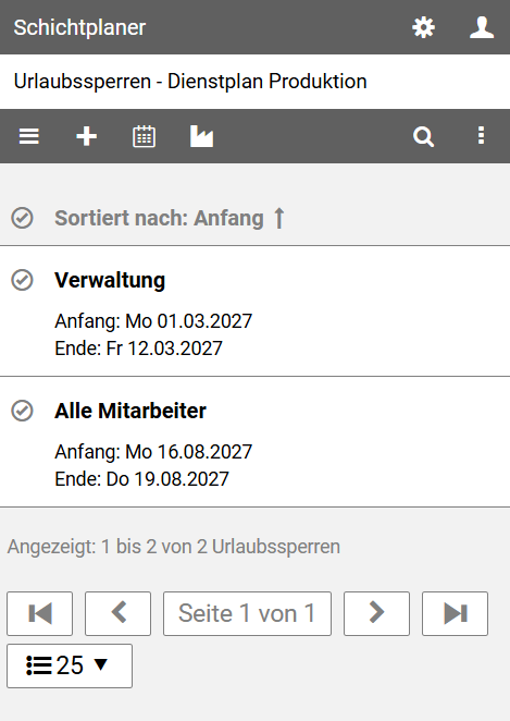Verwaltungsansicht für Urlaubssperren