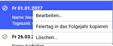 Feiertage-Kontextmenü