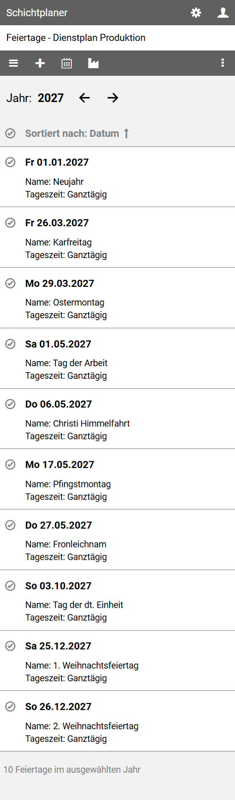 Verwaltungsansicht für Feiertage