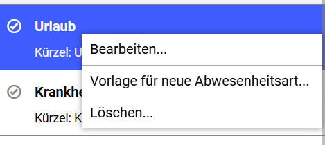 Abwesenheitsarten-Kontextmenü