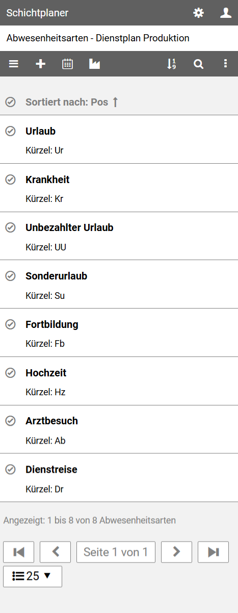Verwaltungsansicht für Abwesenheitsarten
