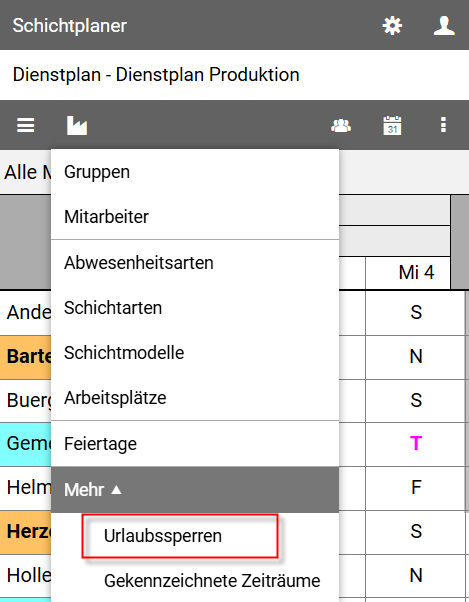 Organisationsmenü-Urlaubssperren