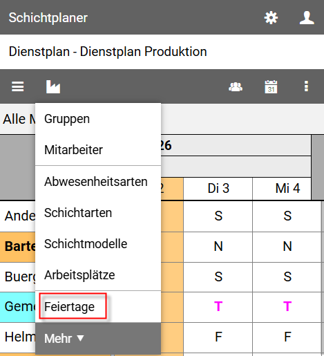 Organisationsmenü-Feiertage
