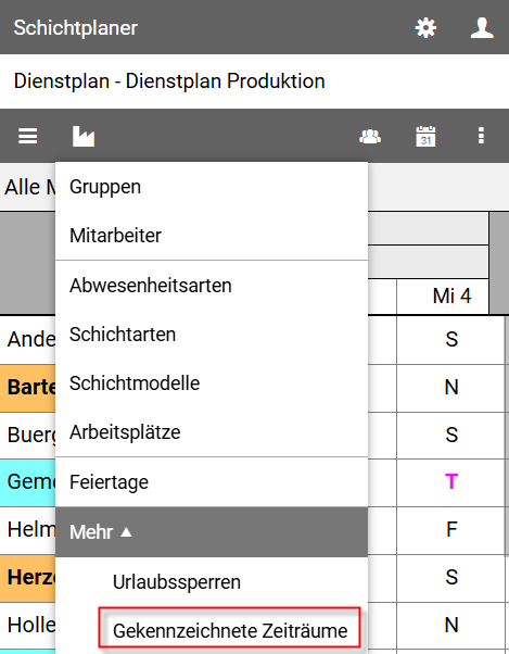 Organisationsmenü-Gekennzeichnete Zeiträume