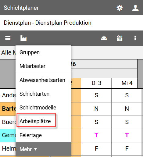 Organisationsmenü-Arbeitsplätze