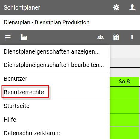 Dienstplansicht-Hauptmenü-Benutzerrechte