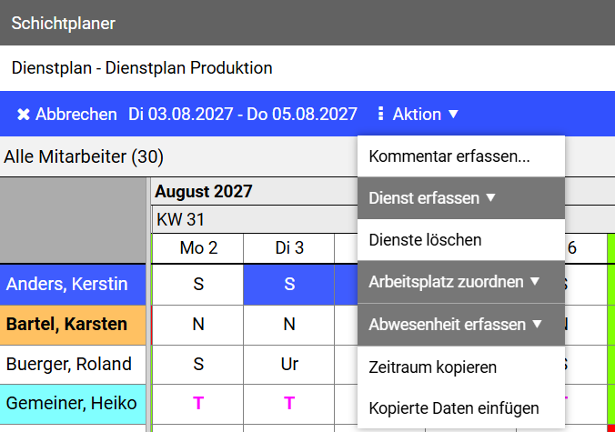 Dienstplaneinträge - Aktionsmenü
