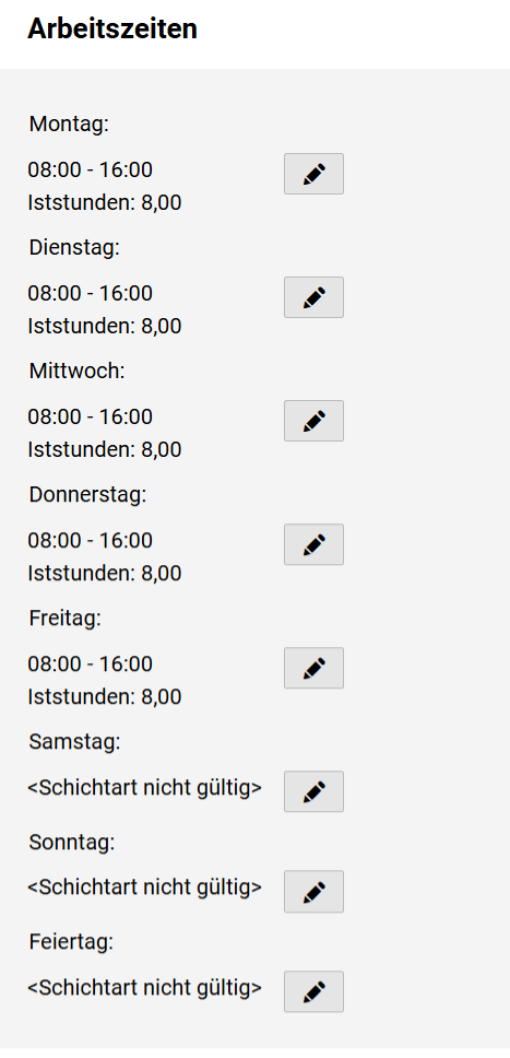 Schichtart - Arbeitszeiten