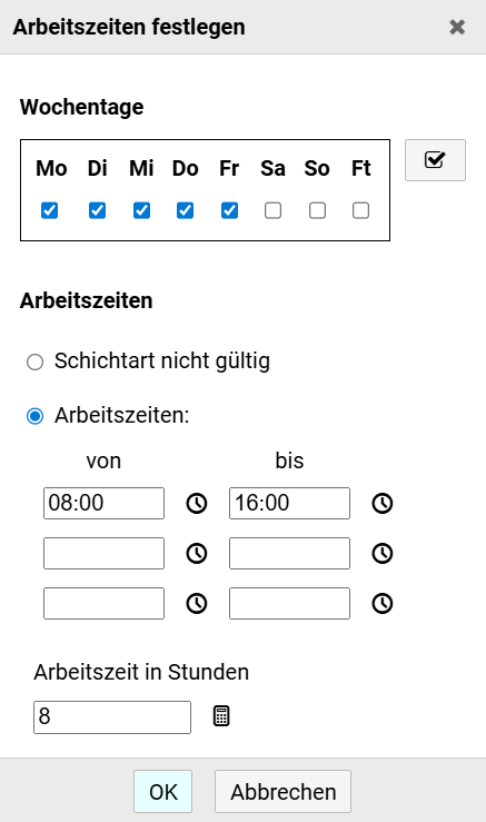 Schichtart - Eingabe Arbeitszeiten