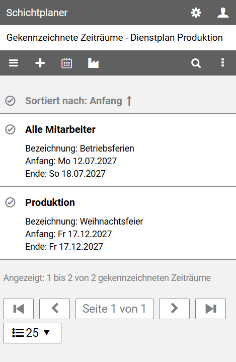 Verwaltungsansicht für Gekennzeichnete Zeiträume