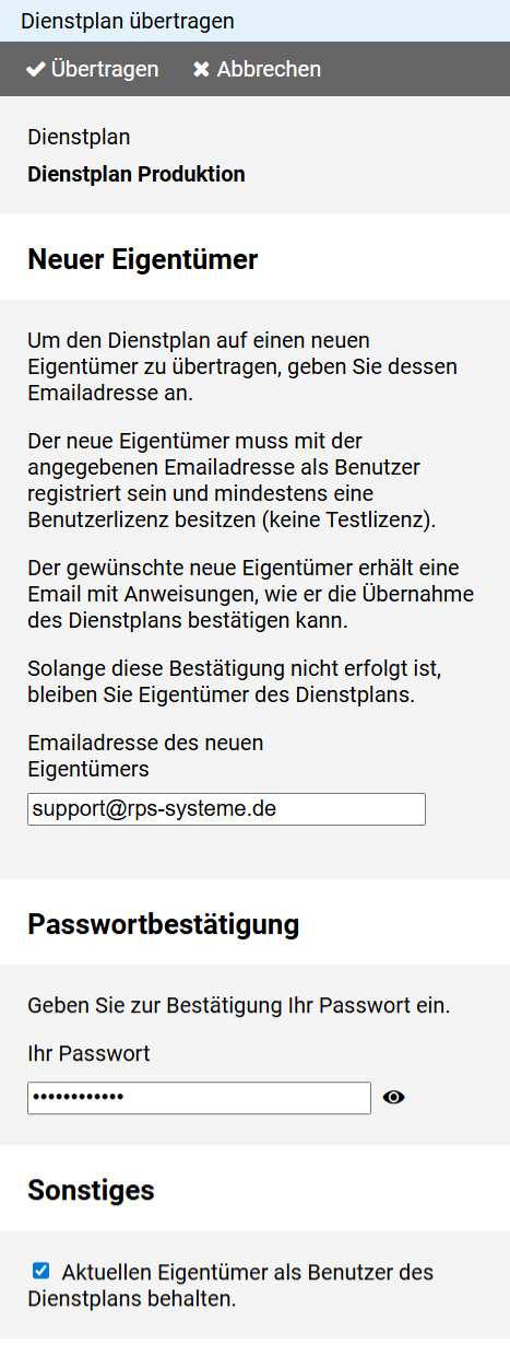 Eigentümerschaft am Dienstplan übertragen