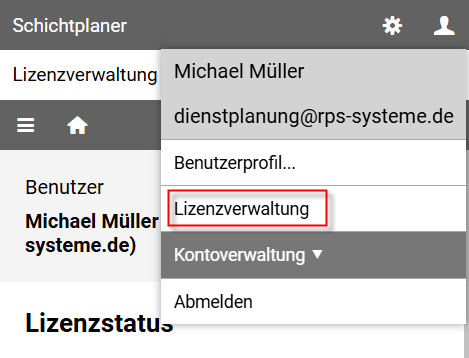 Benutzermenü-Lizenzverwaltung