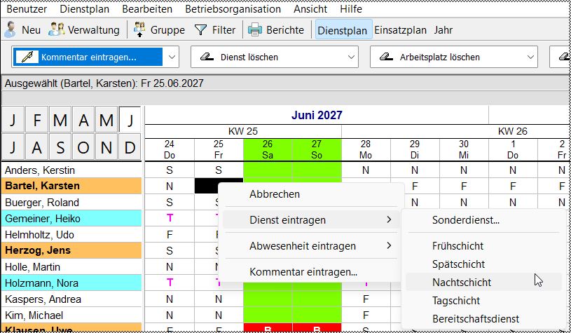 Schichtdienste erfassen über Kontextmenü