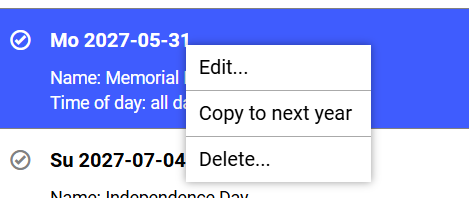 Holidays View - Context Menu