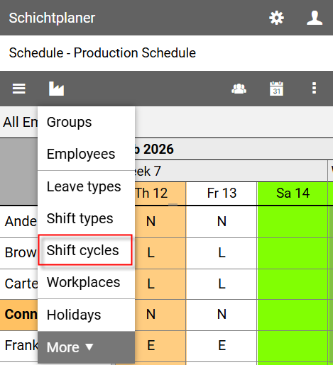 Organization Menu - Shift Cycles