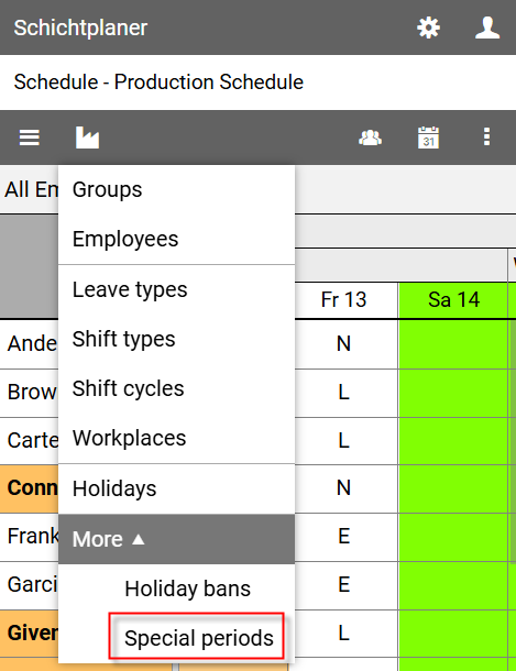 Organization Menu - Special Periods