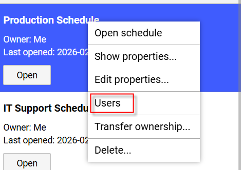 Schedule Context Menu - Users