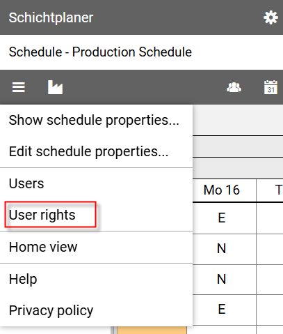 Schedule View - Main Menu - User Rights