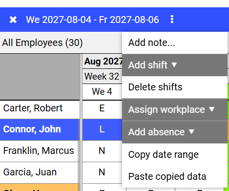 Schedule - Action menu