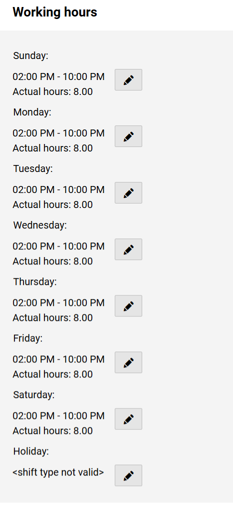Shift Type - Working Hours