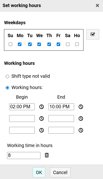 Shift Type - Working Hours Input